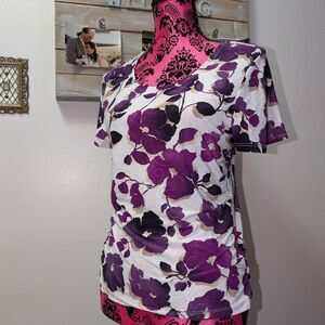 Women's White and Purple Floral Blouse